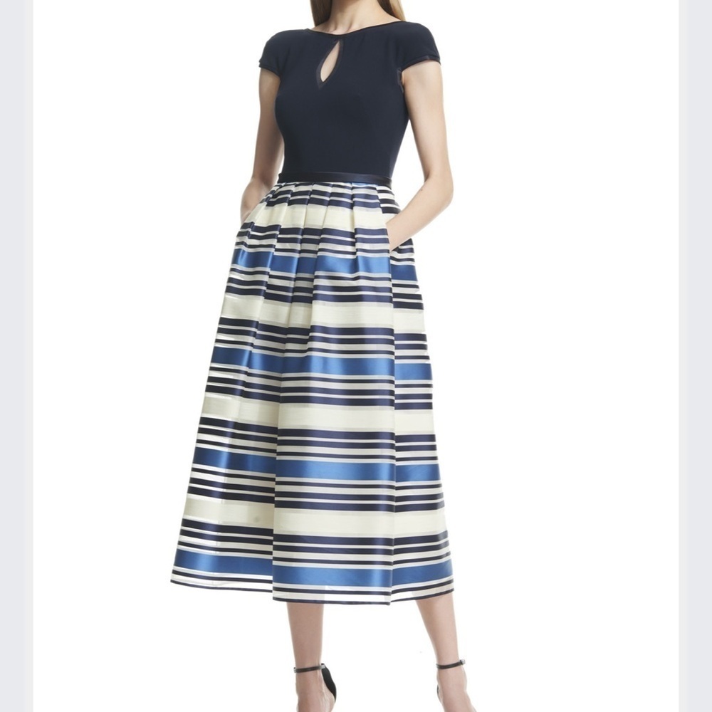 Theia Jacquard Nautical Stripe Midi Dress Blue Cap Sleeve V Back